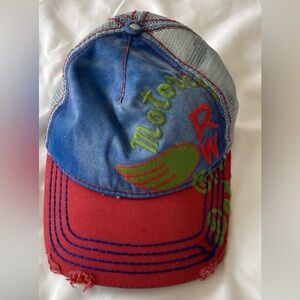 True Religion Blue & Red Trucker Hat with Lime Embroidery